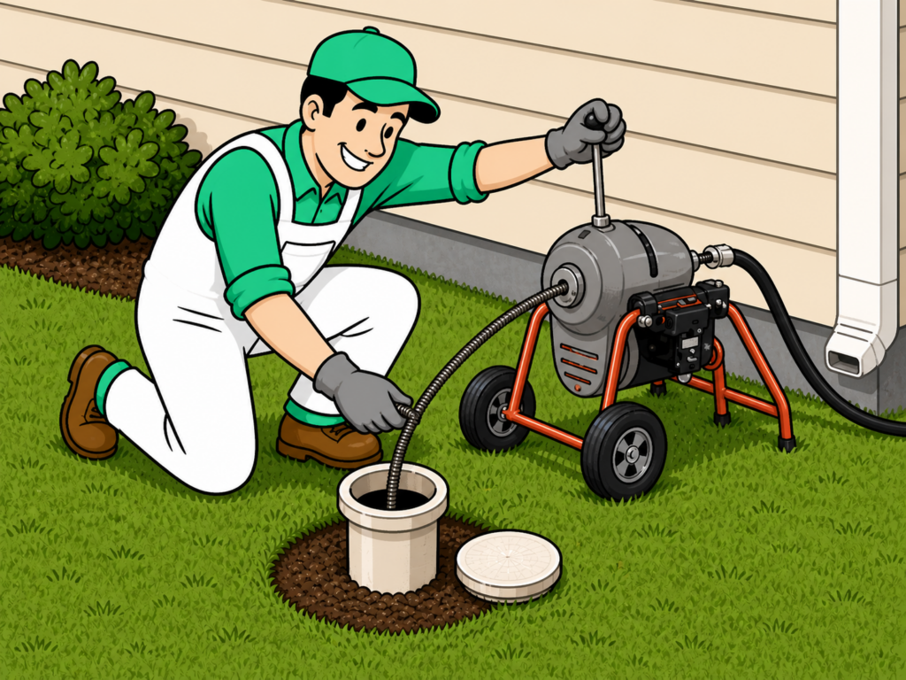 Drain cleaning technician feeding a cable into a cleanout to clear a main sewer line at a home in Joshua, Texas