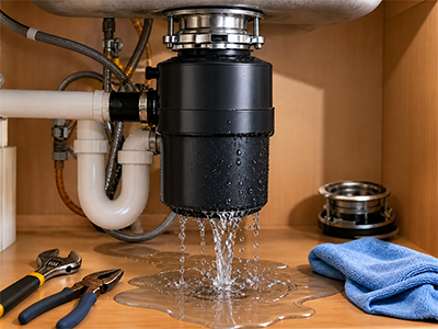 Black under-sink garbage disposal dripping water onto the cabinet floor in a DFW area home, with a wrench and pliers nearby