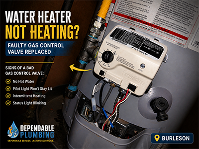 Close-up of a water heater gas regulator and status light code panel in a Burleson, TX home